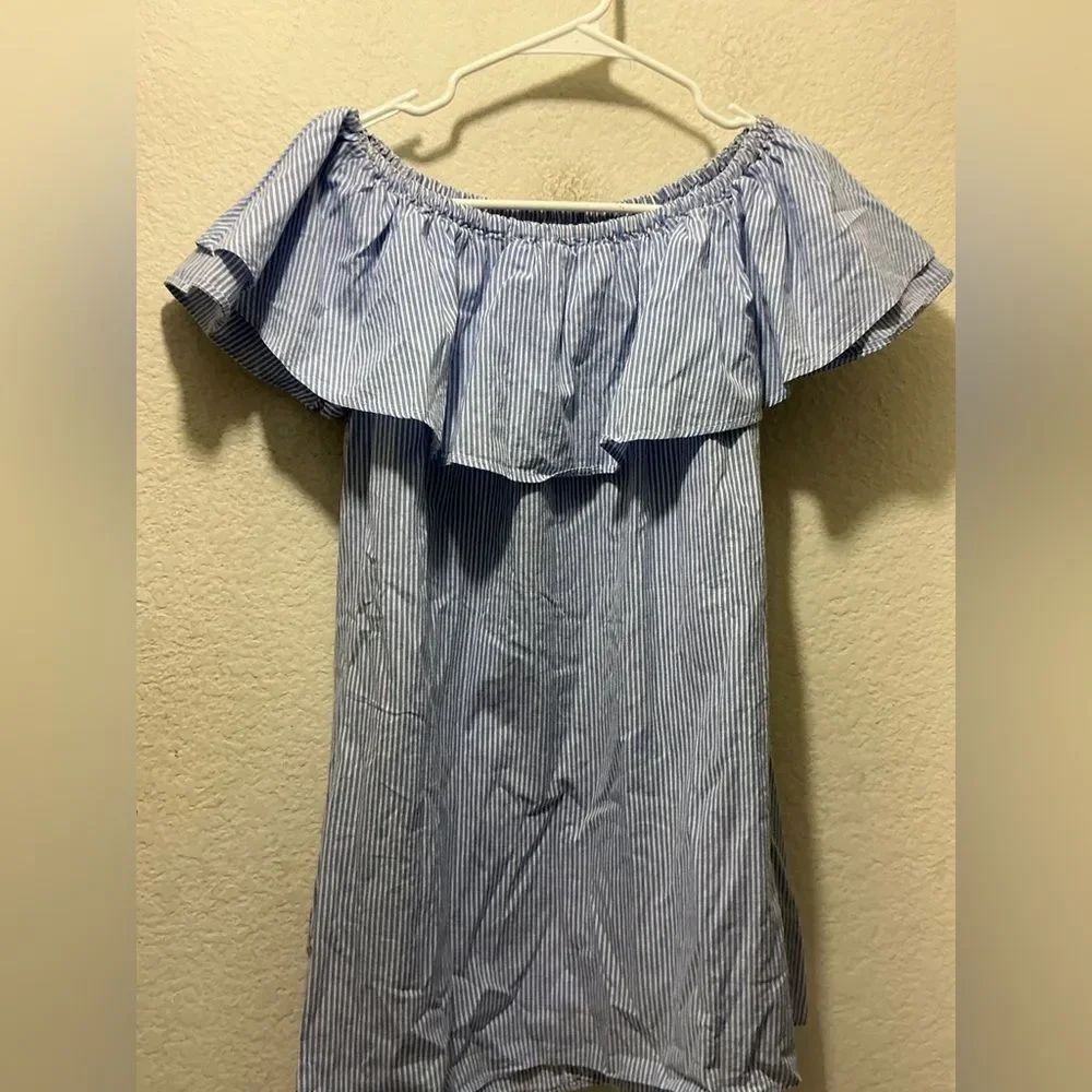 Zara Blue and White Striped Off-Shoulder Blouse